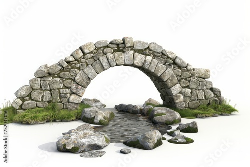 Rustic stone bridge arching over a babbling brook, on isolated white background, Generative AI
