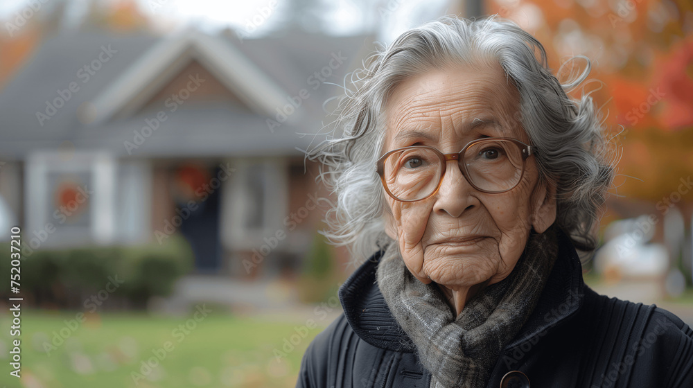 Elderly Woman with Glasses Standing Outdoors in Autumn Elderly Woman with Glasses Standing Outdoors in Autumn