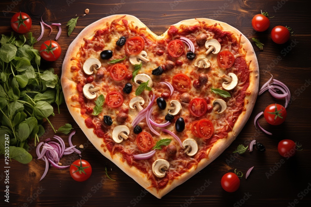 Heart-shaped pizza with various toppings.
