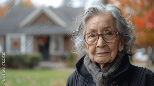 Elderly Woman with Glasses Standing Outdoors in Autumn