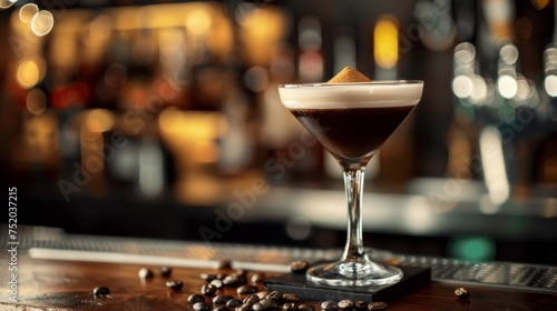 Espresso Martini cocktail on bar background. Glass of alcoholic drink