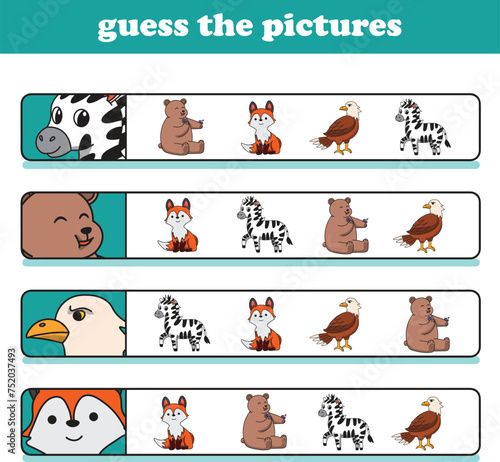 Education game for children guess the correct pictures of cute wild animal cartoon. Vector Illustration