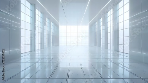 A clean bright and modern interior hallway with large windows and blue floor in the style of cybernetic sci-fi