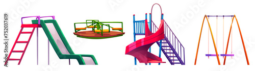 Playground park swings and slides collection. Cartoon vector illustration set of equipment for public city kids garden or kindergarten. Children entertainment and outdoor active leisure playset.