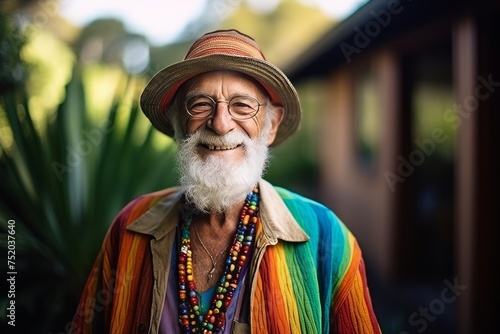 Portrait of an old hippie man wearing a hat and colorful clothes