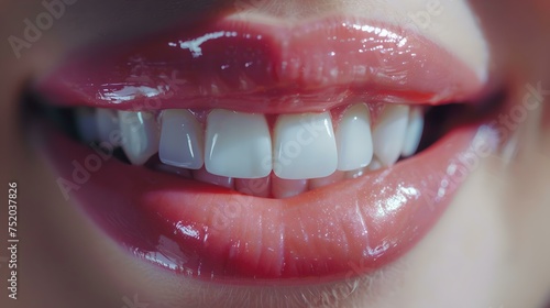 Close-up of a smiling woman's lips and teeth. healthy white smile. beauty and dental care concept image. AI