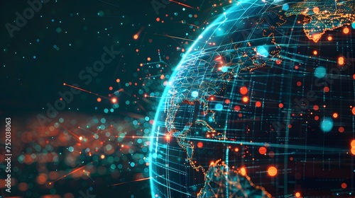 Detailed 32k UHD globe visualization with dots and lines representing new ways to connect global citizens in the world of international business and economy