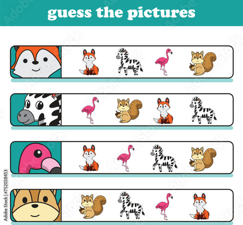 Education game for children guess the correct pictures of cute wild animal cartoon. Vector Illustration