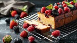 A homemade sponge cake flavored with chocolate and berries is shown on a dark table cooling rack.