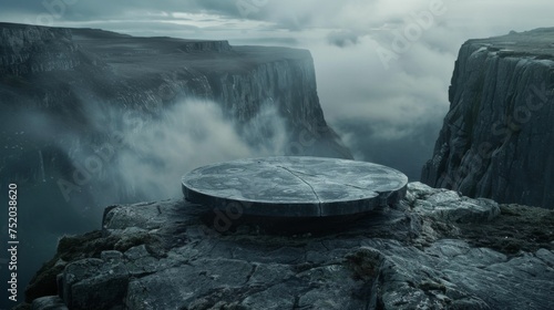 dark podium on stone floor, Misty atmosphere, mountain background
