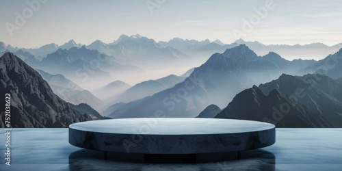 dark podium on stone floor  Misty atmosphere  mountain background