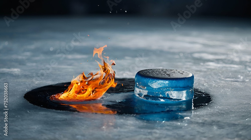Ice hockey puck exploding by elements fire and water. Background for sports tournament poster or placard. generative.ai