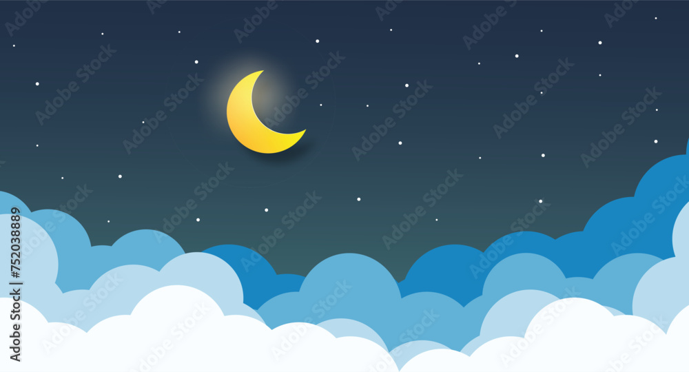 night sky with stars and moon. paper art style.Vector of a crescent moon with stars on a cloudy night sky. Moon and stars background.Vector EPS 10. night sky with stars and moon. paper art style.Vector of a crescent moon with stars on a cloudy night sky. Moon and stars background.Vector EPS 10.