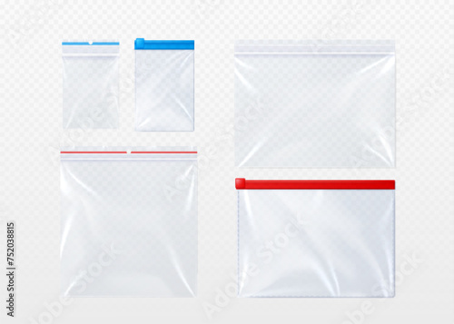 Plastic bag with zip locker mockup. Realistic vector illustration set of template for transparent clear empty sachet with zipper. Nylon pouch pocket. Vinyl package with lock for food or candy storage.
