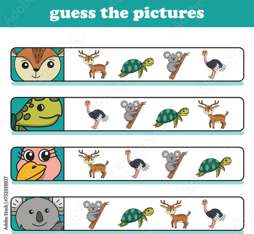 Education game for children guess the correct pictures of cute wild animal cartoon. Vector Illustration