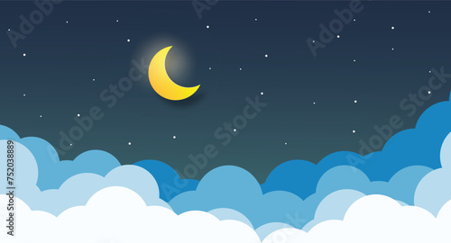 night sky with stars and moon. paper art style.Vector of a crescent moon with stars on a cloudy night sky. Moon and stars background.Vector EPS 10. 