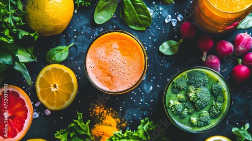 Smoothie drinks made with mango, orange, turmeric, and lemon photo