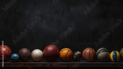 Various sports balls on a dark wooden table with text space against a black background