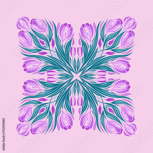 Vector decorative illustration of bouquet crocuses. Gentle tracery card of spring flowers in square composition on pink background.