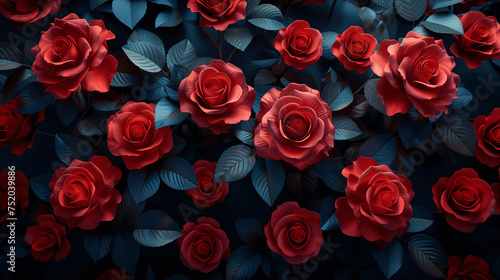 Red Roses with Blue Leaves on Dark Background