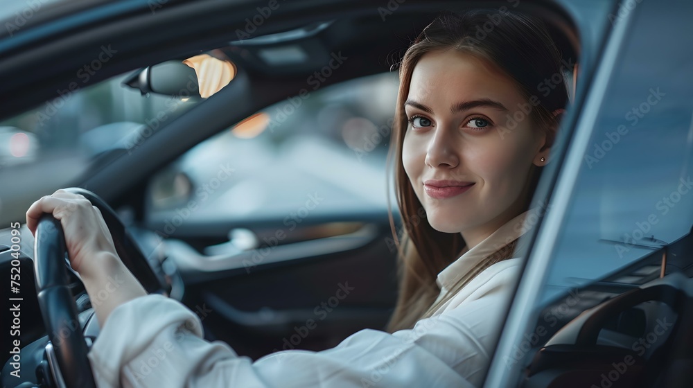 Confident young woman driving at night, portrait in vehicle. safe driving concept. modern lifestyle. AI