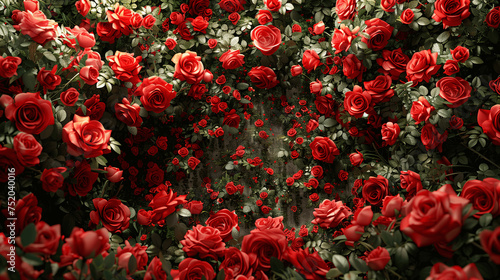 Abundant Red Roses with Green Leaves Background
