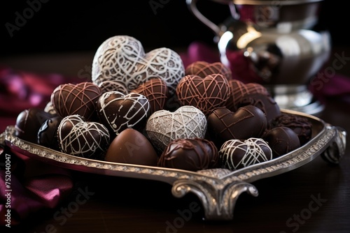 Heart-shaped chocolate truffles on a silver platter.
