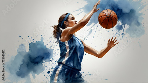 Basketball player in action, woman blue watercolor. generative.ai