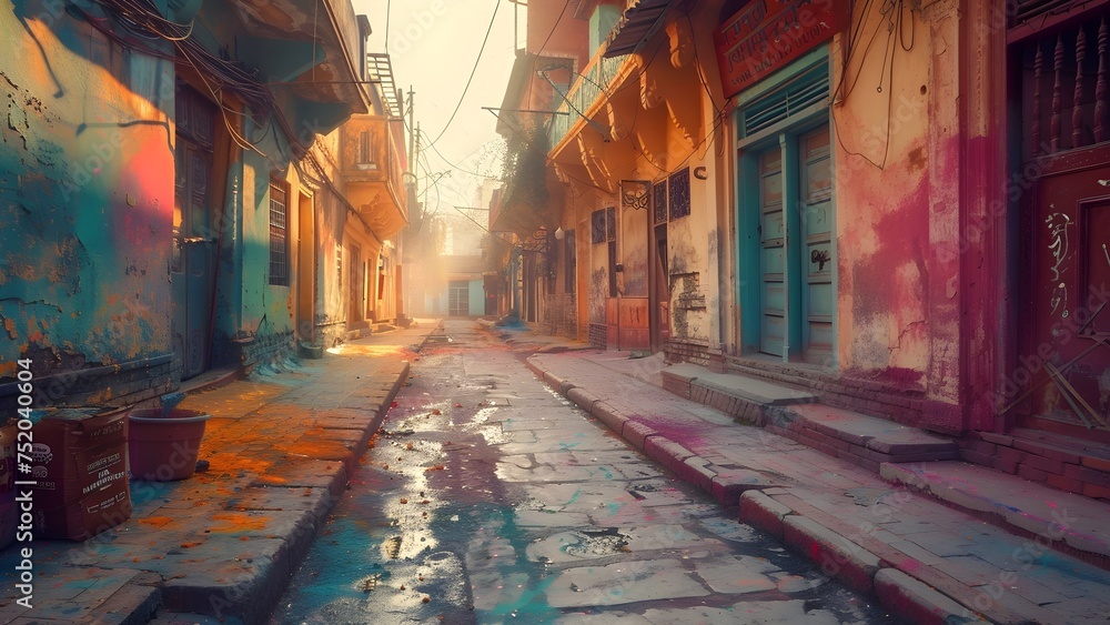 Serene Morning Street After Holi Festival with Vibrant Colors, Exuding a Post-Celebration Atmosphere
