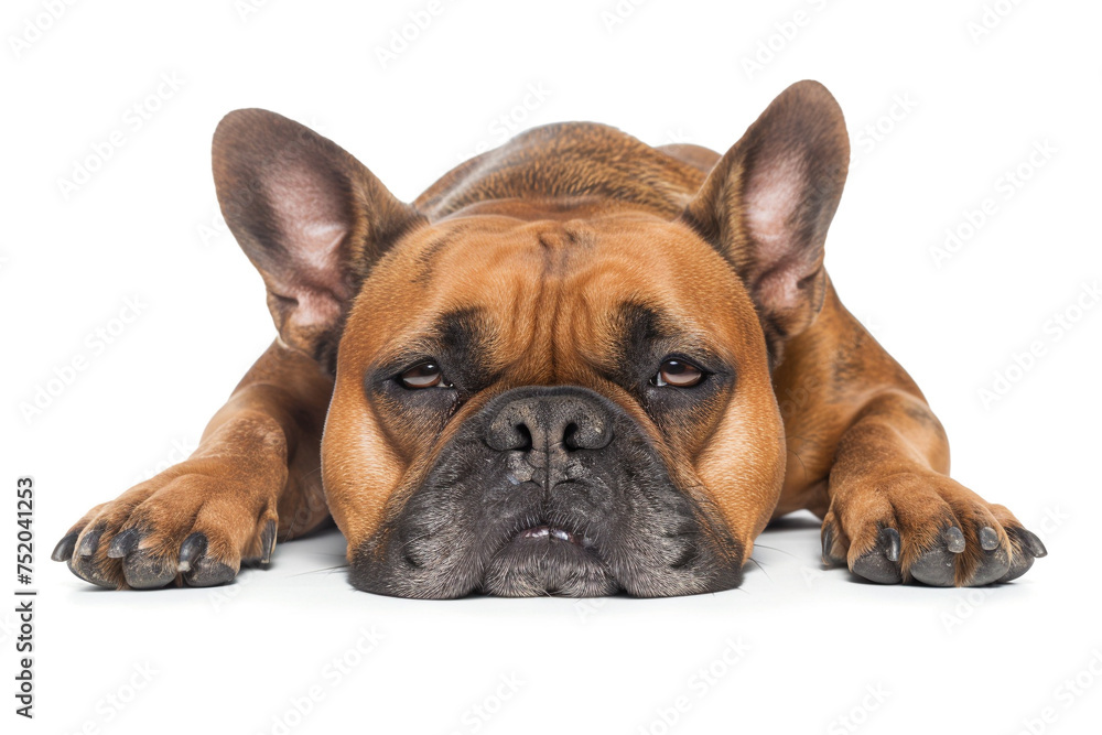 French buldog laying, head portrait, fron view isolated on white background