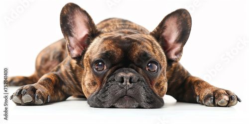 French buldog laying  head portrait  fron view isolated on white background