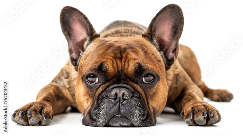 French buldog laying  head portrait  fron view isolated on white background