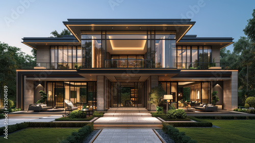 Front view of a modern asian style villa with beautiful symmetry and light in the evening photo