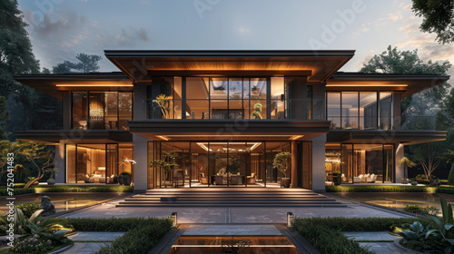 Front view of a modern asian style villa with beautiful symmetry and light in the evening