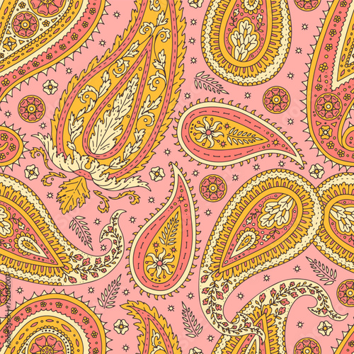 Colorful seamless pattern with yellow Paisley motifs on pink background. Traditional indian repeat design.