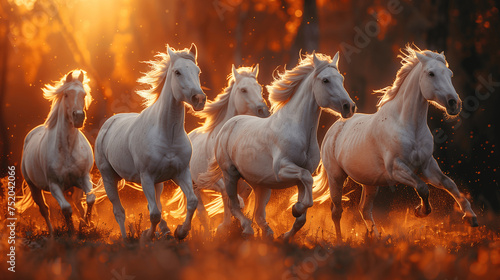 Herd of White Horses Running at Sunset