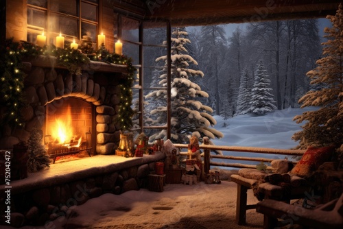 Cozy winter cabin with a fireplace and snow falling outside.