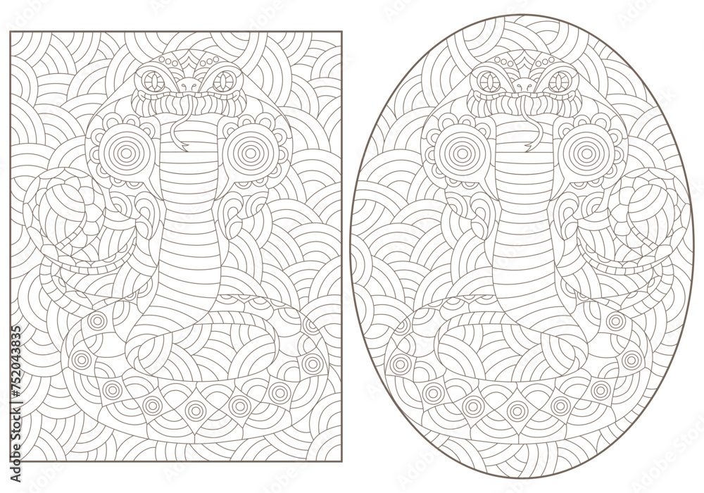 Fototapeta premium A set of contour illustrations in the style of stained glass with bright abstract snakes and cobras, dark contours on a white background