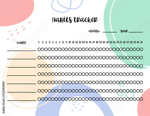 Habits tracker printable template. Monthly worksheet layout for tracking habit. Blank checklist vector with abstract background