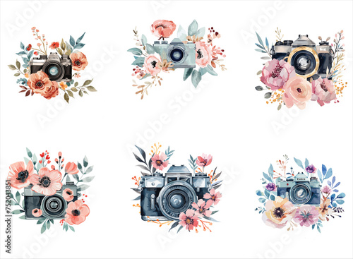 Photography watercolor floral camera logo.