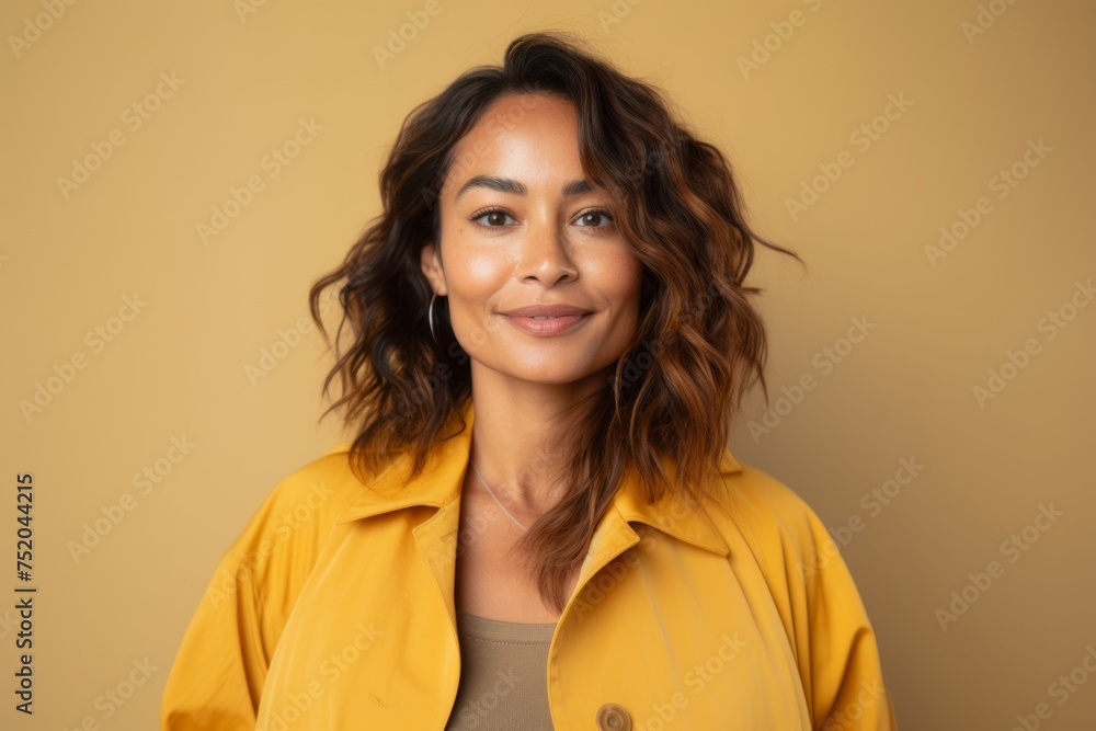 smiling african american woman in yellow jacket on yellow background smiling african american woman in yellow jacket on yellow background