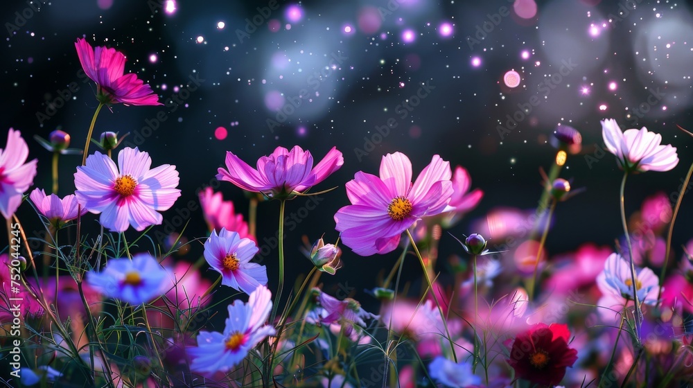 field of flowers on outer space background, Beautiful dreamy night landscape with field of flowers field of flowers on outer space background, Beautiful dreamy night landscape with field of flowers