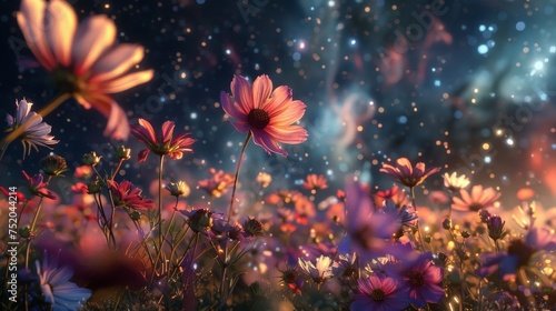 field of flowers on outer space background, Beautiful dreamy night landscape with field of flowers
