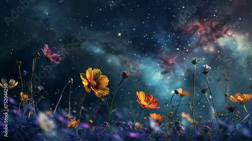 field of flowers on outer space background, Beautiful dreamy night landscape with field of flowers © Nijieimu