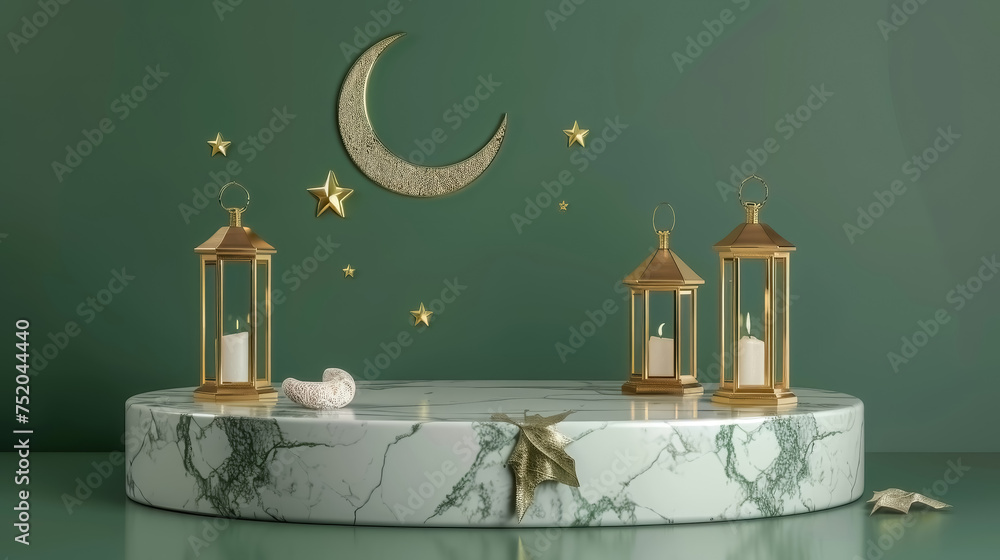 3d modern Islam podium in green background for product display with lantern, crescent moon, dates leaf, stars. White Marble podium with gold crack, texture wall. stage, pedestal, presentation, display 3d modern Islam podium in green background for product display with lantern, crescent moon, dates leaf, stars. White Marble podium with gold crack, texture wall. stage, pedestal, presentation, display