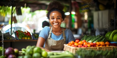 Smiling black woman vendor showcasing fresh produce in lively market stall. Concept Market Stall, Fresh Produce, Smiling Woman, Black Vendor, Lively Atmosphere