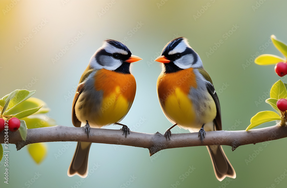 Beautiful couple of birds on the branch on blurred background. 