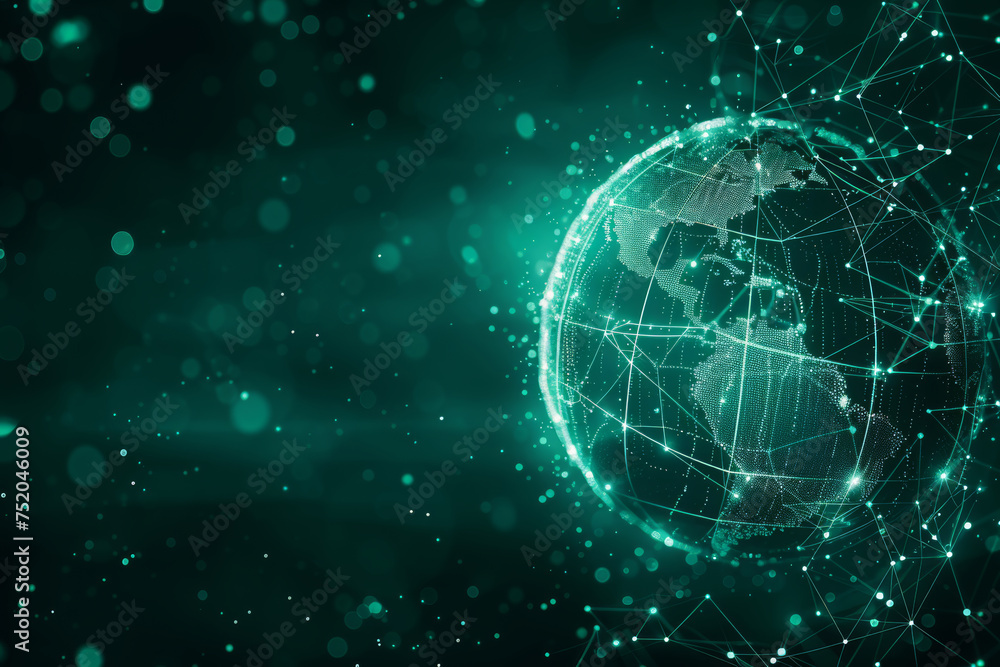 Obraz premium An abstract background featuring a globe surrounded by digital communication nodes and pathways, symbolizing global connectivity and digital transformation.