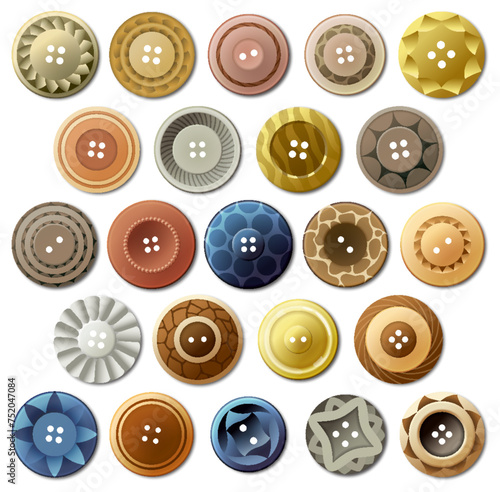 Sewing buttons icon set, isolated on white. Various circular buttons for clothes, art and crafts. Fashion and needlework. Vector isolated illustration