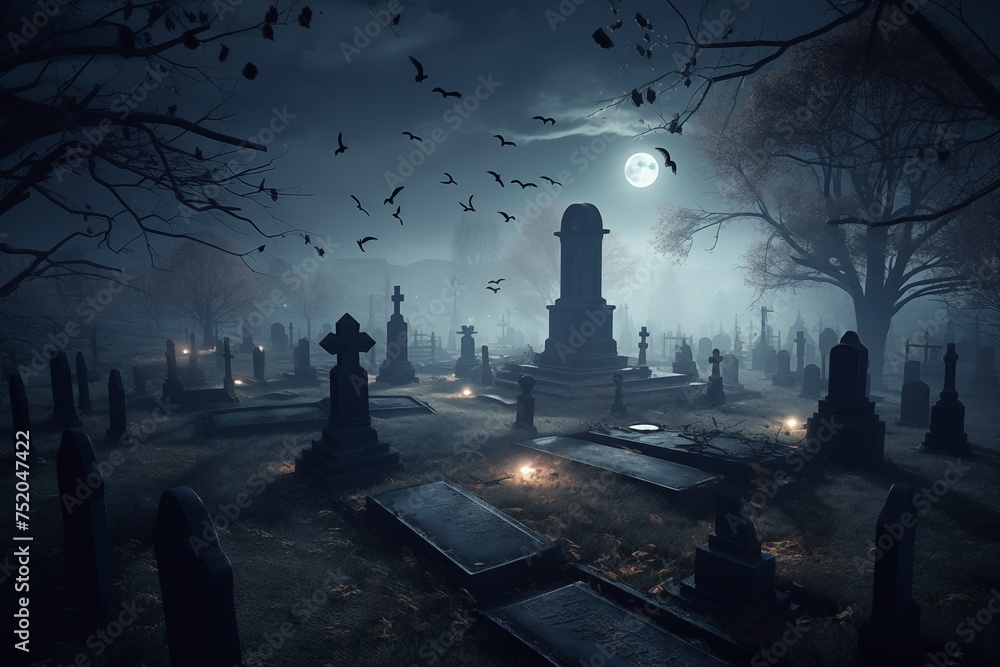Moonlit Graveyard: Eerie Night Scene with Tombstones, Bare Trees, and bats in Flight. Cemetery under the moon.